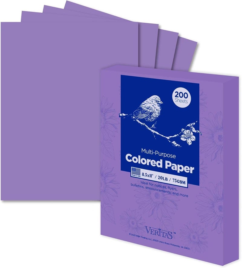 WritePads Veritas Colored Copy Paper, Purple Paper,Colored Printer Paper 8.5” x 11” Letter Size, 20 lb / 75 GSM, Purple, 200 Sheets, For Copy, Printer, Multi-Purpose, Made in USA - Image 1